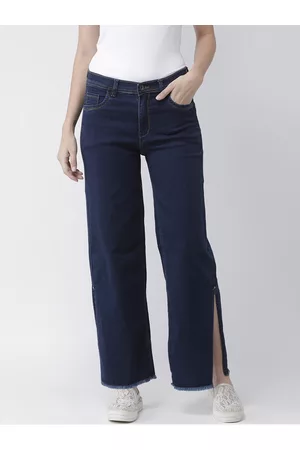 KASSUALLY Women Blue Wide Leg Mid-Rise Low Distress Jeans