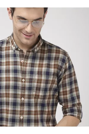 Mast & Harbour Men Brown & Navy Blue Regular Fit Checked Casual Shirt