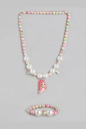 EL REGALO Girls White & Pink Beaded Mermaid Jewellery Set