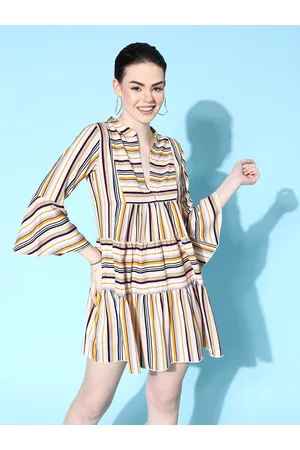 Berrylush Women Striped Crepe Bell Sleeves A-Line Mini Dress