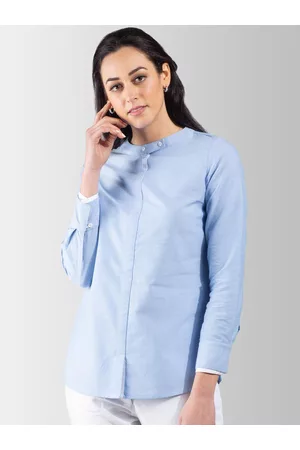FableStreet Women Blue Solid Pure Cotton Top