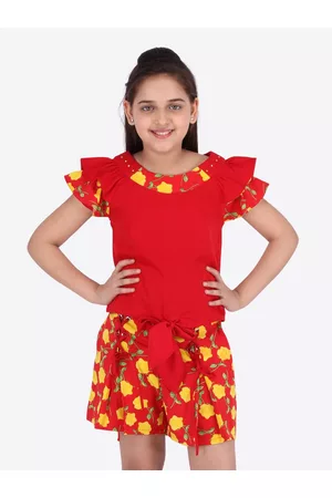 CUTECUMBER Girls Red & Yellow Printed Top with Shorts