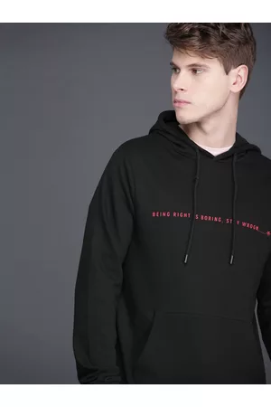 WROGN Men Black Slim Fit Solid Hooded Sweatshirt