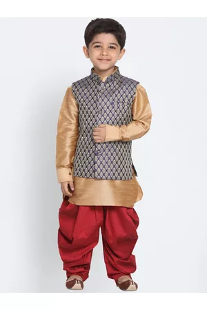 Vastramay Boys Rose Gold And Maroon Woven Kurta Set With Brocade Nehru Jacket