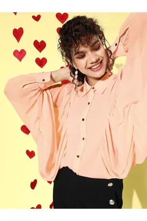 KASSUALLY Women Peach Solid Batwing Sleeves Shirt Top