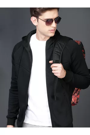 WROGN Men Black Solid Hooded Sweatshirt