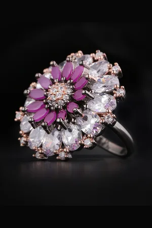 Priyaasi Purple Silver-Plated AD Studded Handcrafted Floral Adjustable Finger Ring