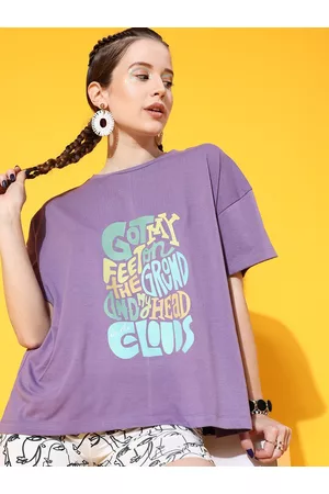 STREET 9 Women Lavender Typography Printed High Neck Extended Sleeves Bio Finish Oversized T-shirt