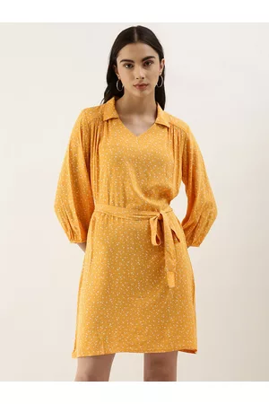 AND Yellow & White Polka Dot Printed Casual Wrap Dress