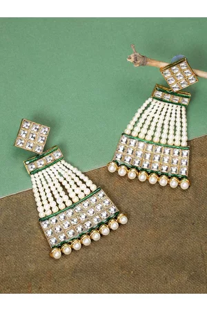 Priyaasi Green & White Gold-Plated Handcrafted Classic Drop Earrings