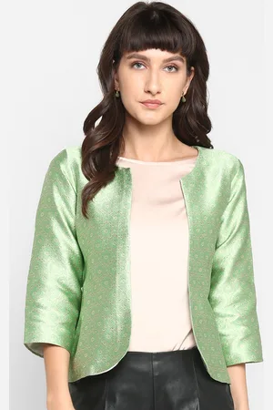 Hangup Women Green Self Design Lightweight Jacquard Open Front Jacket