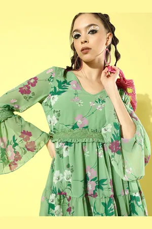 DressBerry Women Green Floral Print Above Knee Fit & Flare Georgette Dress