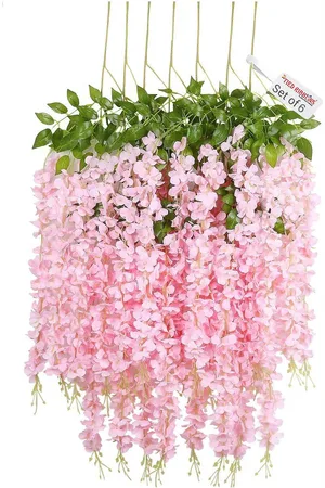 Tied Ribbons Set Of 6 Pink & Green Artificial Hanging Wisteria Flower-Strings