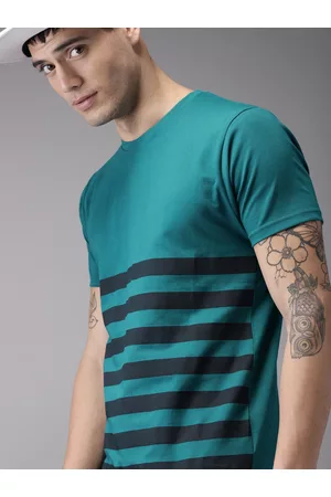 HERE&NOW HERENOW Men Teal Green Black Striped Round Neck Pure Cotton T-shirt