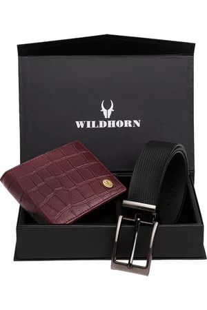 WildHorn Men Maroon & Black RFID Protected Genuine Leather Accessory Gift Set