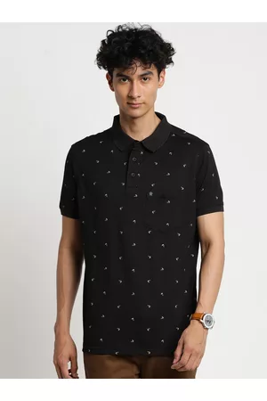 Turtle Men Black Printed Cotton Polo Collar Slim Fit T-shirt