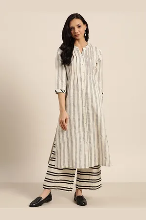 women off white black pure cotton striped kurta with palazzos