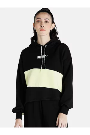 PUMA Women Black & Yellow Colourblocked Loose Fit Hoodie