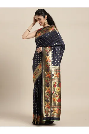 Mitera Navy Blue & Gold-Toned Zari Silk Blend Paithani Saree
