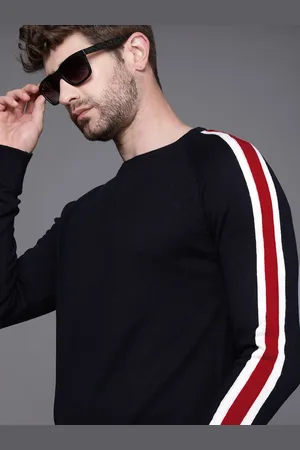 WROGN Men Navy Blue Solid Side Striped Pullover Sweater