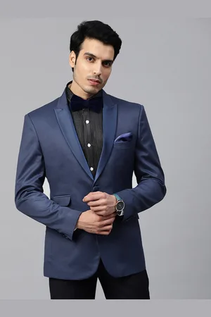 MANQ Men Navy Blue Solid Slim Fit Tuxedo Blazer