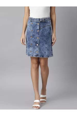 KASSUALLY Women Blue Washed Pure Cotton A-Line Mini Skirt