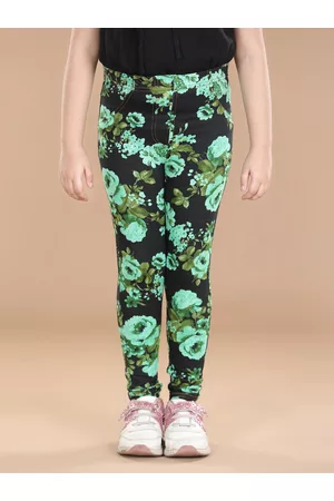 StyleStone Girls Black & Green Printed Cotton Jeggings