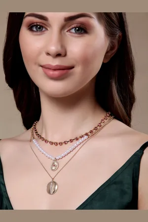 Vogue Panash Women Gold-Plated Pearls CZ Stone-Studded Layered Necklace