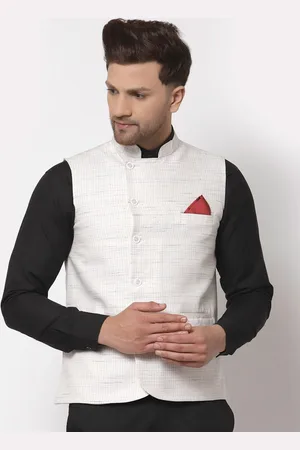 KLOTTHE Men White Striped Woven Pure Cotton Nehru Jacket