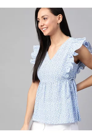 Mast & Harbour Women White & Blue Printed Cinched Waist Top