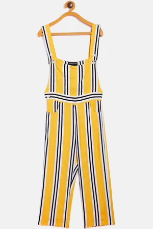 Crimsoune Club Girls Yellow & Black Striped Basic Jumpsuit