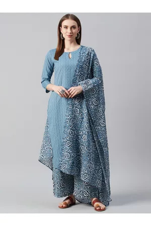 anayna Women Blue & White Self Striped Kantha Work Kurta with Trousers & Dupatta