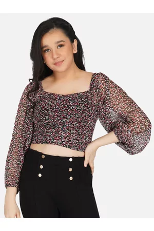 Antheaa Girls Black & Red Floral Print Chiffon Fitted Crop Top