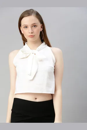 Sera Women White Self Design Tie-Up Neck Cropped Top