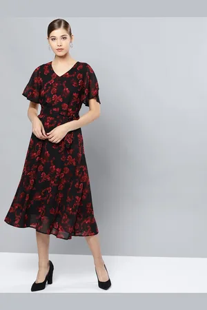 Harpa Women Black & Maroon Printed A-Line Dress