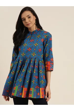 Sangria Women Blue & Green Geometric Print Pure Cotton Longline A-Line Top