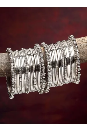 Zeneme Set Of 40 Silver-Plated Oxidised Textured Bangles