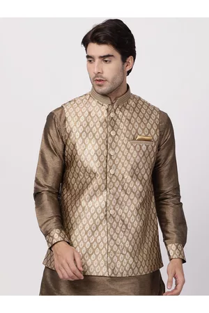 Vastramay Men Gold Woven Design Slim-Fit Nehru Jacket