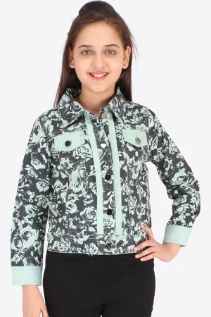 CUTECUMBER Girls Black & Green Floral Printed Jacket