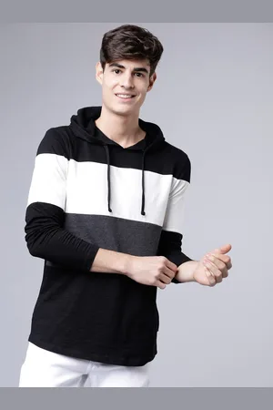 LocoMotive Men Black & White Colourblocked Hood T-shirt