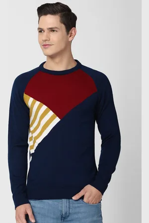 Peter England Men Navy Blue & Maroon Colourblocked Pullover