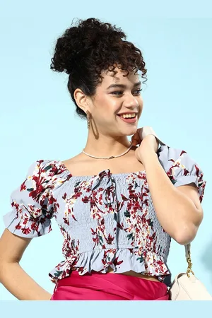 Berrylush Blue Floral Print Crepe Cropped Top