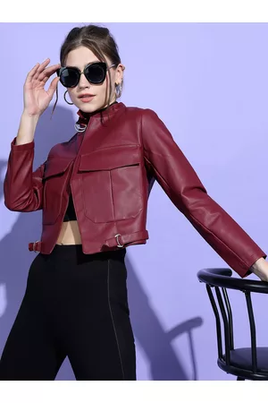 Tokyo Talkies Women Burgundy Crop Biker Jacket