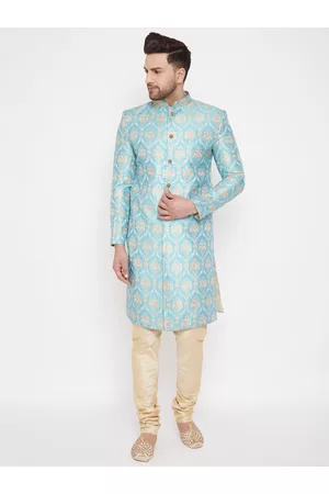 Vastramay Men Sea Green & Gold-Coloured Slim Fit Brocade Woven Design Sherwani Set