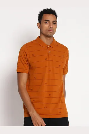 Lee Men Orange Striped Polo Collar Cotton T-shirt