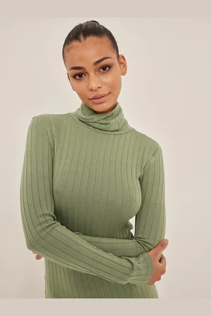 NA-KD Women Sage Green Ribbed High Neck Bodycon Mini Dress