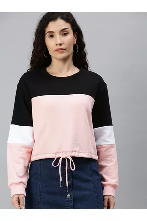Campus Women Black & Pink Colourblocked Hem Tie-Up Detail Pullover Sweatshirt