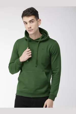 Park Avenue Men Green Solid Hooded Pullover Sweatshirt
