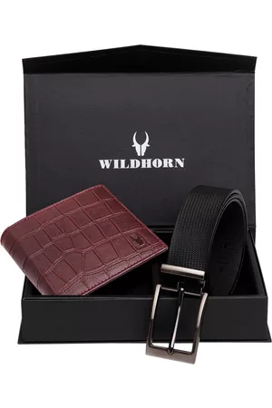 WildHorn Men Maroon & Black RFID Protected Genuine Leather Accessory Gift Set