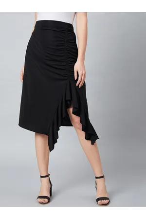ATHENA Black A-Line Midi Skirt With Front Frill Detail